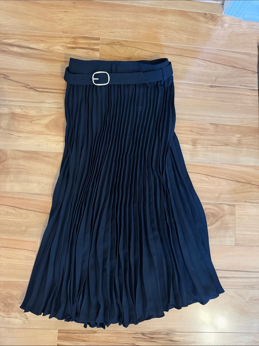 Ann Taylor Black Pleated Midi Skirt with Belted Waist